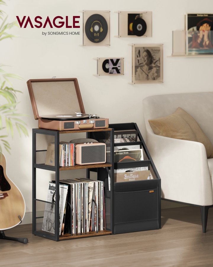 VASAGLE Pladespillerstativ, 3-lags sidebord, vinylpladeopbevaring op til 140 albums, sidebord til stue, sovev�relse, rustik brun LET276K01