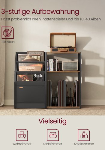 VASAGLE Pladespillerstativ, 3-lags sidebord, vinylpladeopbevaring op til 140 albums, sidebord til stue, sovev�relse, rustik brun LET276K01