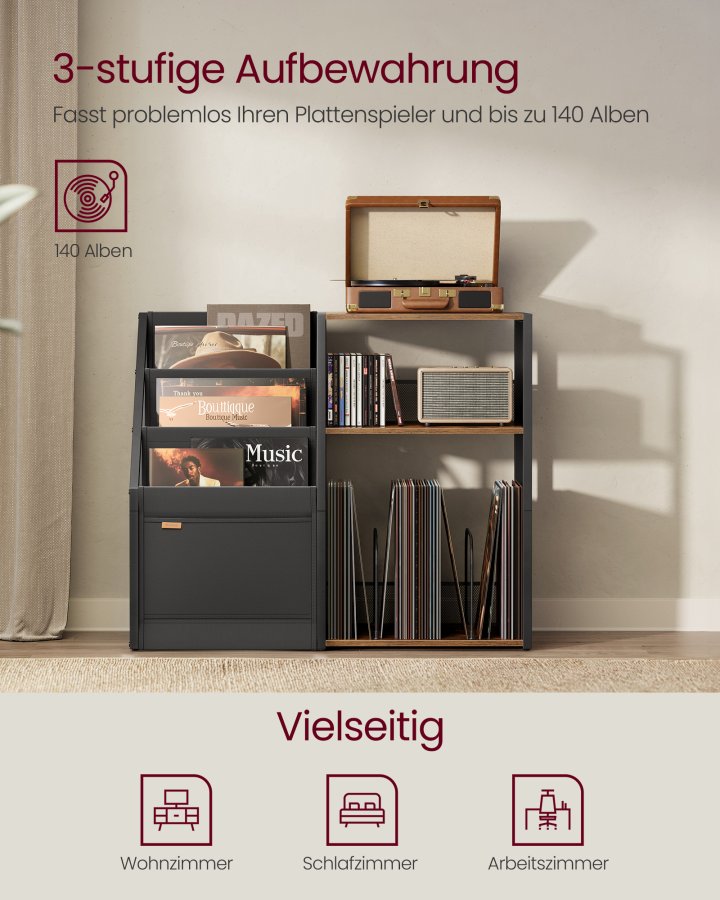 VASAGLE Pladespillerstativ, 3-lags sidebord, vinylpladeopbevaring op til 140 albums, sidebord til stue, sovev�relse, rustik brun LET276K01