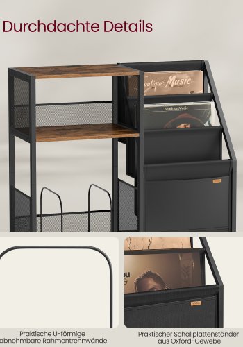 VASAGLE Pladespillerstativ, 3-lags sidebord, vinylpladeopbevaring op til 140 albums, sidebord til stue, sovev�relse, rustik brun LET276K01