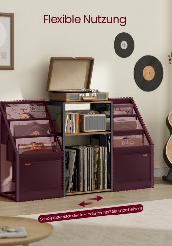 VASAGLE Pladespillerstativ, 3-lags sidebord, vinylpladeopbevaring op til 140 albums, sidebord til stue, sovev�relse, rustik brun LET276K01