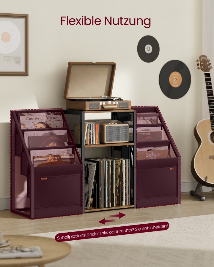 VASAGLE Pladespillerstativ, 3-lags sidebord, vinylpladeopbevaring op til 140 albums, sidebord til stue, sovev�relse, rustik brun LET276K01