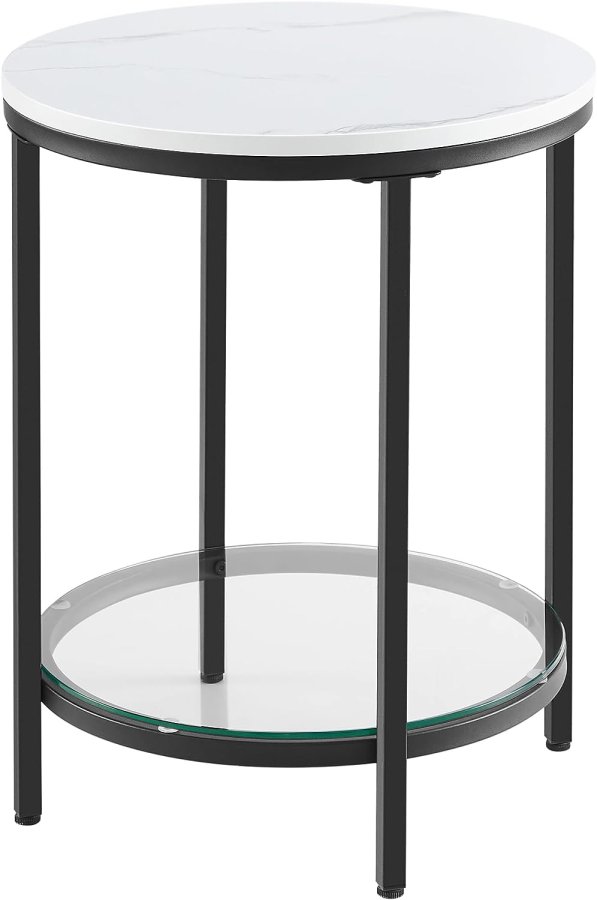 Vasagle LGT025B01 sidebord, m. 1 glasshylle - hvit marmor-look sponplate og svart stl (45)