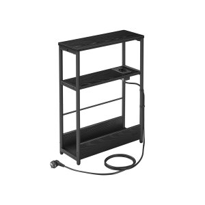 VASAGLE sidebord med str�mskinne, smalt 3-lags sidebord, sidebord til sm� rum med magasinhylde, til stue, sovev�relse, arbejdsv�relse, ibenholt sort og bl�ksort LET335B02