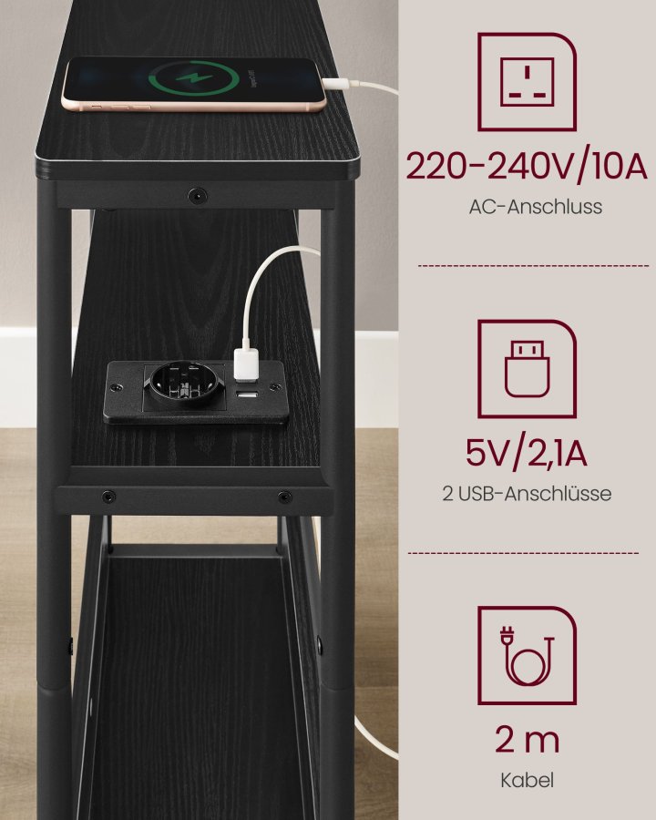 VASAGLE LET335B02 smal sengebord, m. 3 hylder, str�mskinne - ibenholt sort sp�nplade og bl�ksort st�l (45x18)