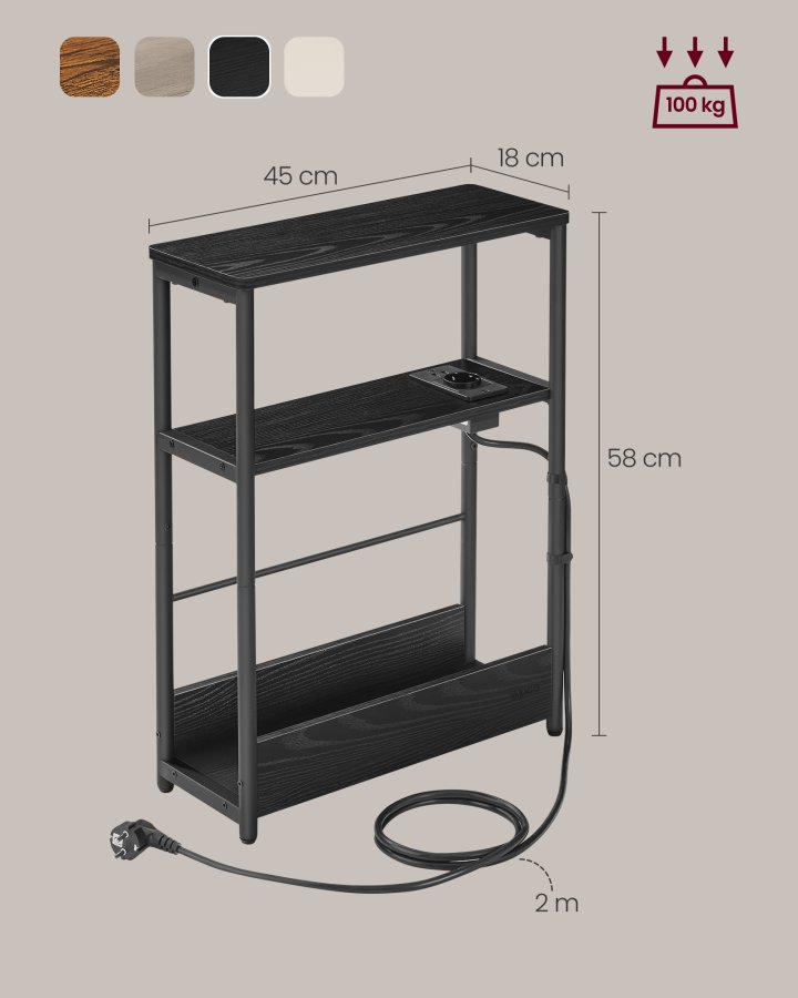 VASAGLE LET335B02 smal sengebord, m. 3 hylder, str�mskinne - ibenholt sort sp�nplade og bl�ksort st�l (45x18)