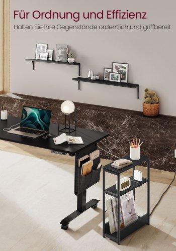 VASAGLE LET335B02 smal sengebord, m. 3 hylder, str�mskinne - ibenholt sort sp�nplade og bl�ksort st�l (45x18)