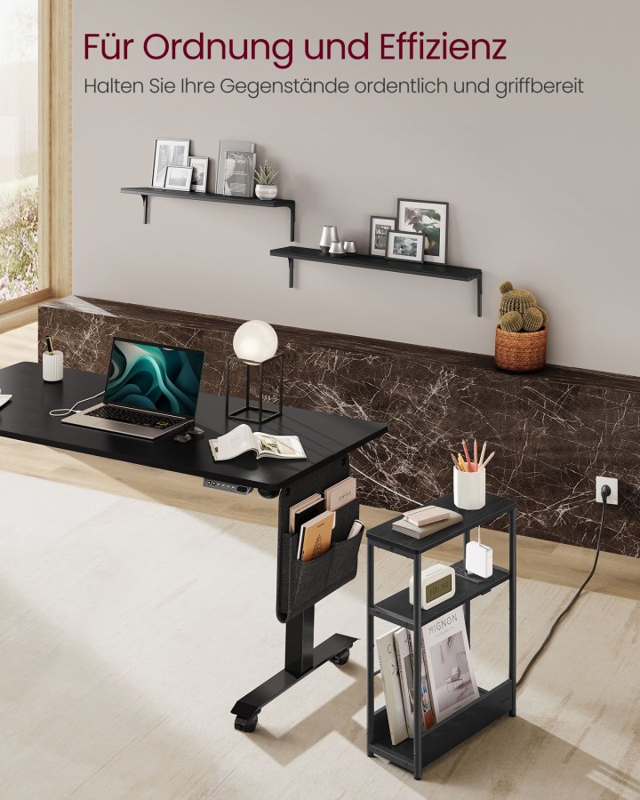 VASAGLE LET335B02 smal sengebord, m. 3 hylder, str�mskinne - ibenholt sort sp�nplade og bl�ksort st�l (45x18)