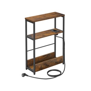 VASAGLE Slankt sidebord med str�mskinne, natbord i 3 niveauer, endebord, til sm� rum, magasinhylde, stue, sovev�relse, kontor, rustik brun og bl�ksort LET335K02