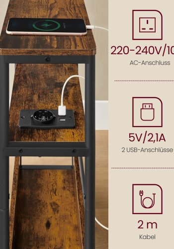 VASAGLE Slankt sidebord med str�mskinne, natbord i 3 niveauer, endebord, til sm� rum, magasinhylde, stue, sovev�relse, kontor, rustik brun og bl�ksort LET335K02