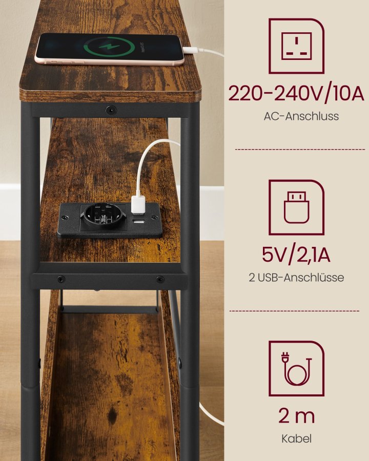 VASAGLE Slankt sidebord med str�mskinne, natbord i 3 niveauer, endebord, til sm� rum, magasinhylde, stue, sovev�relse, kontor, rustik brun og bl�ksort LET335K02