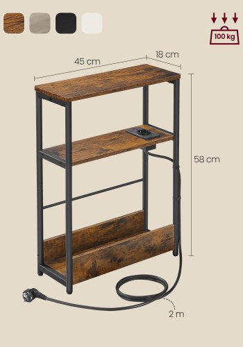 VASAGLE Slankt sidebord med str�mskinne, natbord i 3 niveauer, endebord, til sm� rum, magasinhylde, stue, sovev�relse, kontor, rustik brun og bl�ksort LET335K02