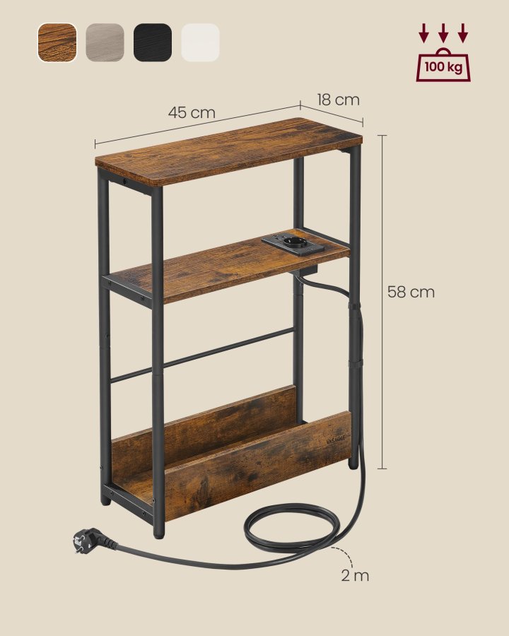 VASAGLE Slankt sidebord med str�mskinne, natbord i 3 niveauer, endebord, til sm� rum, magasinhylde, stue, sovev�relse, kontor, rustik brun og bl�ksort LET335K02