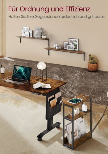 VASAGLE Slankt sidebord med str�mskinne, natbord i 3 niveauer, endebord, til sm� rum, magasinhylde, stue, sovev�relse, kontor, rustik brun og bl�ksort LET335K02