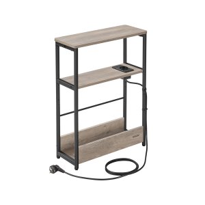 VASAGLE Slim sidebord med str�mskinne, 3-lags sengebord, sofaende, til sm� rum, magasinholder, stue, sovev�relse, kontor, lynggr� og bl�ksort LET335K05