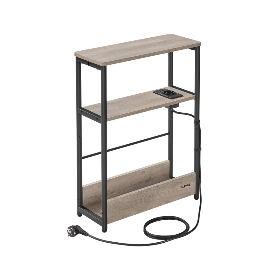 VASAGLE Slim sidebord med str�mskinne, 3-lags sengebord, sofaende, til sm� rum, magasinholder, stue, sovev�relse, kontor, lynggr� og bl�ksort LET335K05