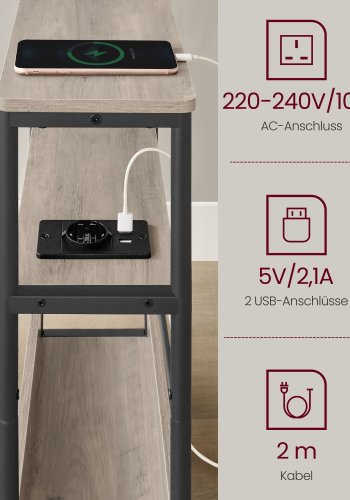 VASAGLE Slim sidebord med str�mskinne, 3-lags sengebord, sofaende, til sm� rum, magasinholder, stue, sovev�relse, kontor, lynggr� og bl�ksort LET335K05