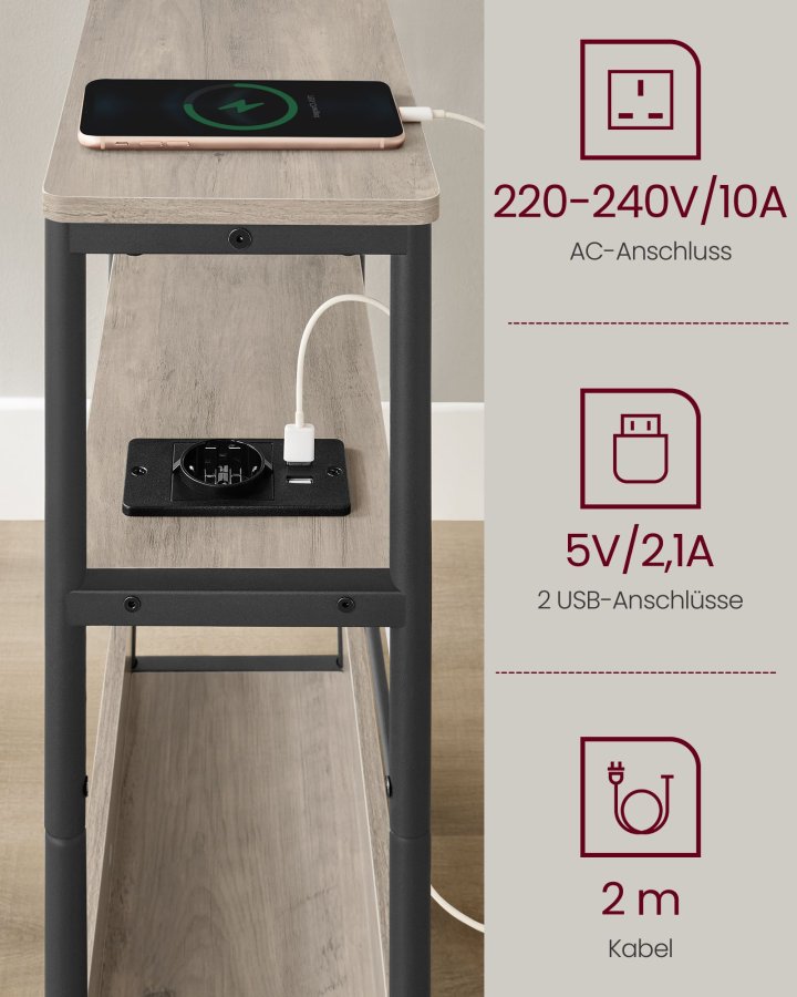 VASAGLE Slim sidebord med str�mskinne, 3-lags sengebord, sofaende, til sm� rum, magasinholder, stue, sovev�relse, kontor, lynggr� og bl�ksort LET335K05