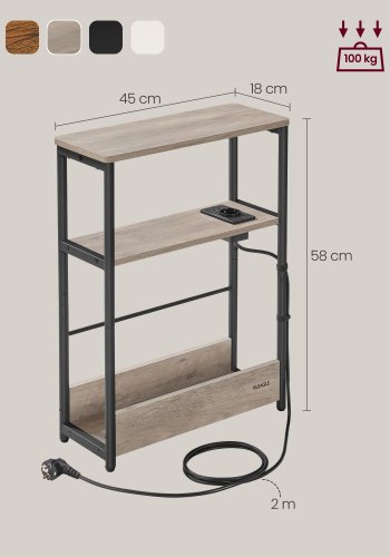 VASAGLE Slim sidebord med str�mskinne, 3-lags sengebord, sofaende, til sm� rum, magasinholder, stue, sovev�relse, kontor, lynggr� og bl�ksort LET335K05