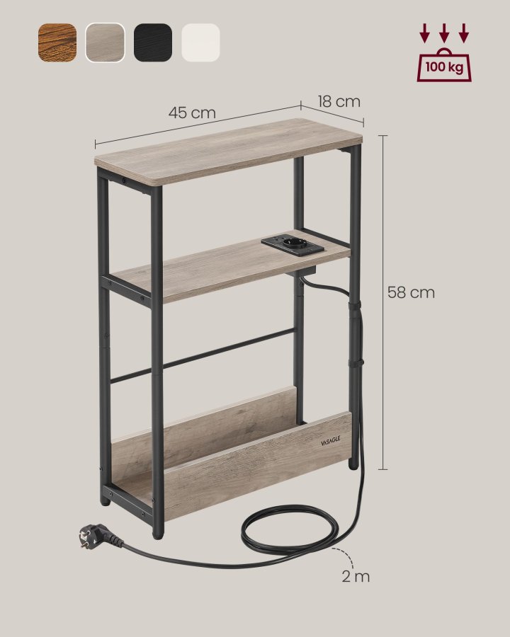 VASAGLE Slim sidebord med str�mskinne, 3-lags sengebord, sofaende, til sm� rum, magasinholder, stue, sovev�relse, kontor, lynggr� og bl�ksort LET335K05