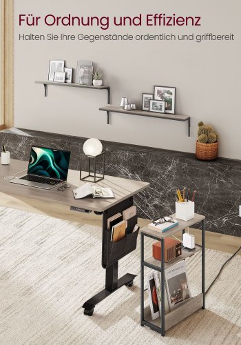 VASAGLE Slim sidebord med str�mskinne, 3-lags sengebord, sofaende, til sm� rum, magasinholder, stue, sovev�relse, kontor, lynggr� og bl�ksort LET335K05
