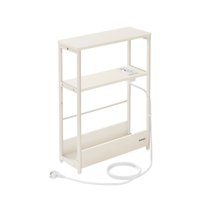 VASAGLE Slim sidebord med str�mskinne, 3-niveau sengebord, sidebord, til sm� rum, magasinhylde, stue, sovev�relse, kontor, cremehvid LET335W02