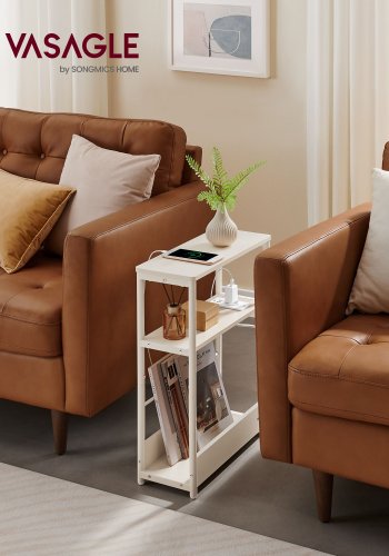 VASAGLE Slim sidebord med str�mskinne, nattbord i 3 niv�er, sidebord, for sm� rom, magasinhylle, stue, soverom, kontor, kremhvit LET335W02