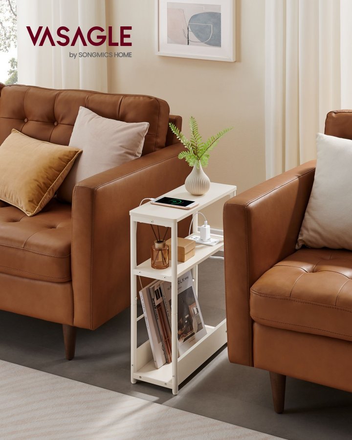 VASAGLE Slim sidebord med str�mskinne, 3-niveau sengebord, sidebord, til sm� rum, magasinhylde, stue, sovev�relse, kontor, cremehvid LET335W02
