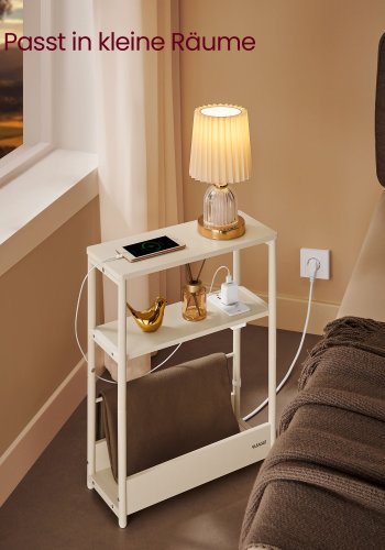 VASAGLE Slim sidebord med str�mskinne, nattbord i 3 niv�er, sidebord, for sm� rom, magasinhylle, stue, soverom, kontor, kremhvit LET335W02