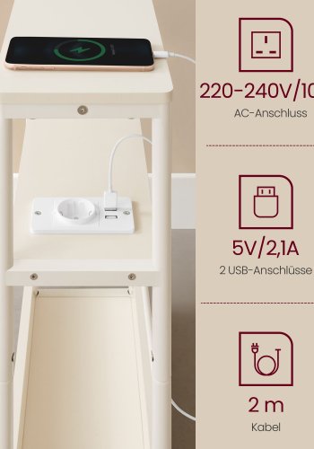 VASAGLE Slim sidebord med str�mskinne, 3-niveau sengebord, sidebord, til sm� rum, magasinhylde, stue, sovev�relse, kontor, cremehvid LET335W02