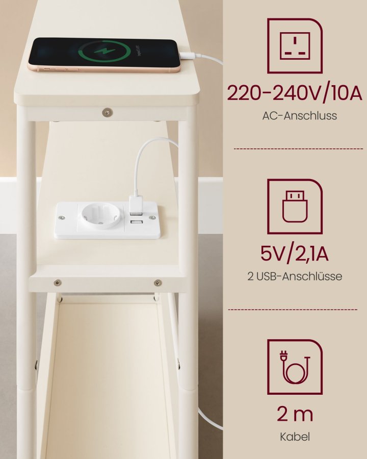 VASAGLE Slim sidebord med str�mskinne, 3-niveau sengebord, sidebord, til sm� rum, magasinhylde, stue, sovev�relse, kontor, cremehvid LET335W02