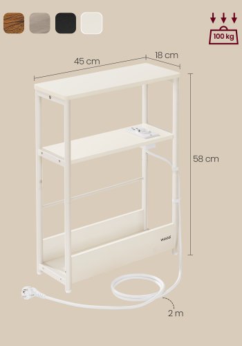 VASAGLE Slim sidebord med str�mskinne, 3-niveau sengebord, sidebord, til sm� rum, magasinhylde, stue, sovev�relse, kontor, cremehvid LET335W02