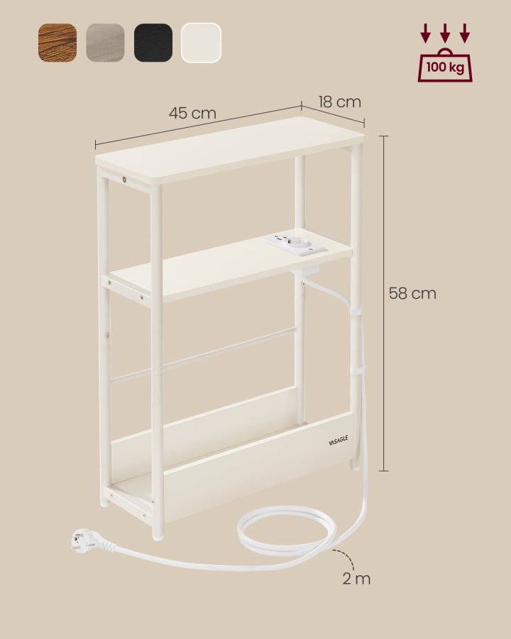 VASAGLE Slim sidebord med str�mskinne, 3-niveau sengebord, sidebord, til sm� rum, magasinhylde, stue, sovev�relse, kontor, cremehvid LET335W02