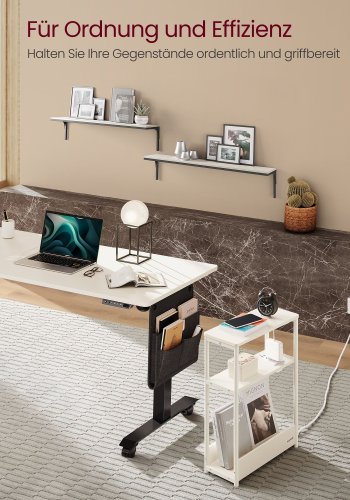 VASAGLE Slim sidebord med str�mskinne, 3-niveau sengebord, sidebord, til sm� rum, magasinhylde, stue, sovev�relse, kontor, cremehvid LET335W02