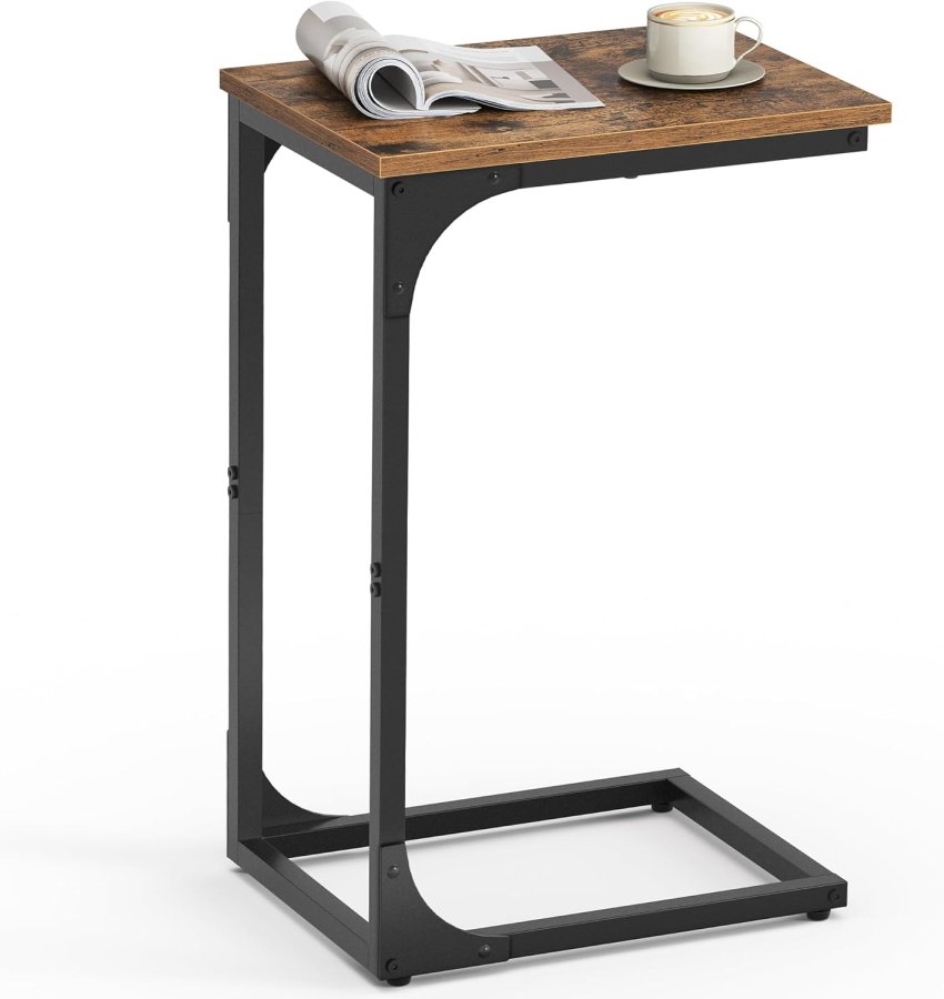VASAGLE C-formet sidebord, lille sidebord til sofa, sofabord med metalramme til stue, sovev�relse, sengebord, rustik brun og sort
