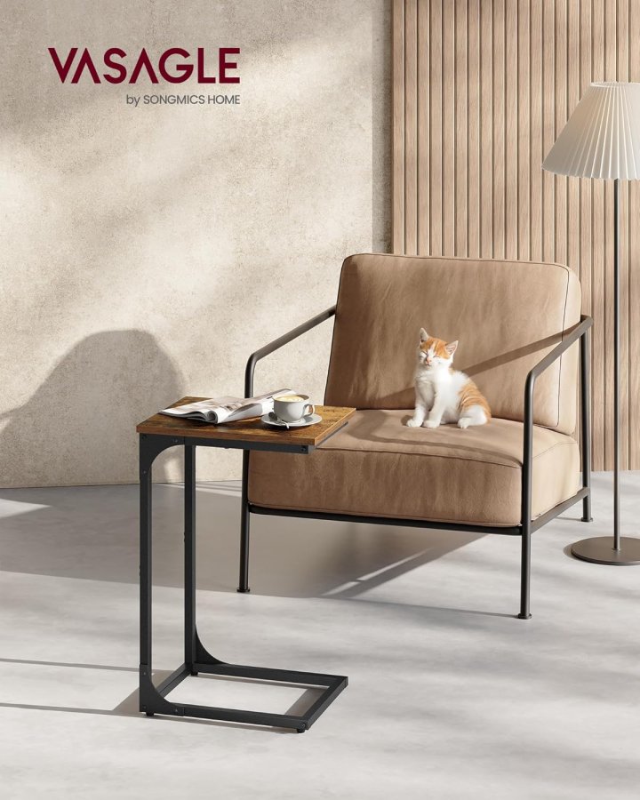 VASAGLE C-formet sidebord, lille sidebord til sofa, sofabord med metalramme til stue, sovev�relse, sengebord, rustik brun og sort