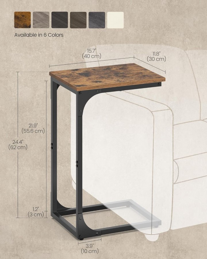 VASAGLE C-formet sidebord, lille sidebord til sofa, sofabord med metalramme til stue, sovev�relse, sengebord, rustik brun og sort