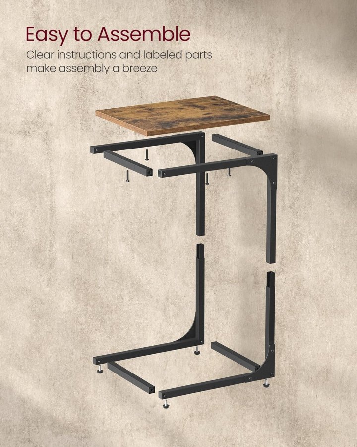 VASAGLE C-formet sidebord, lille sidebord til sofa, sofabord med metalramme til stue, sovev�relse, sengebord, rustik brun og sort