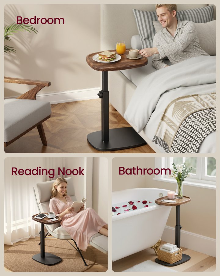 VASAGLE Sofasidebord, C-formet endebord, Natbord, til sm� rum, Justerbar h�jde, til stue, sovev�relse, 30 x 40 x 69 cm, Valn�ddebrun og bl�ksort, LET363M101