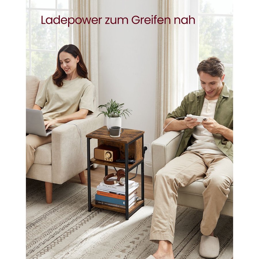 VASAGLE LET375B01 Nachttisch, mit schmaler Steckdose, 2 AC-Anschl&uuml;ssen, 2 USB-Anschl&uuml;ssen, 1 Ablage - Vintage-braune Spanplatte und schwarzer Stahl (34x30)