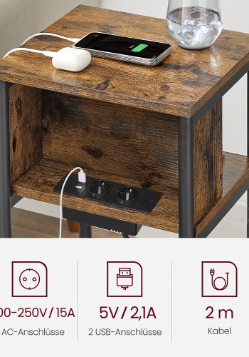 VASAGLE LET375B01 Nachttisch, mit schmaler Steckdose, 2 AC-Anschl&uuml;ssen, 2 USB-Anschl&uuml;ssen, 1 Ablage - Vintage-braune Spanplatte und schwarzer Stahl (34x30)