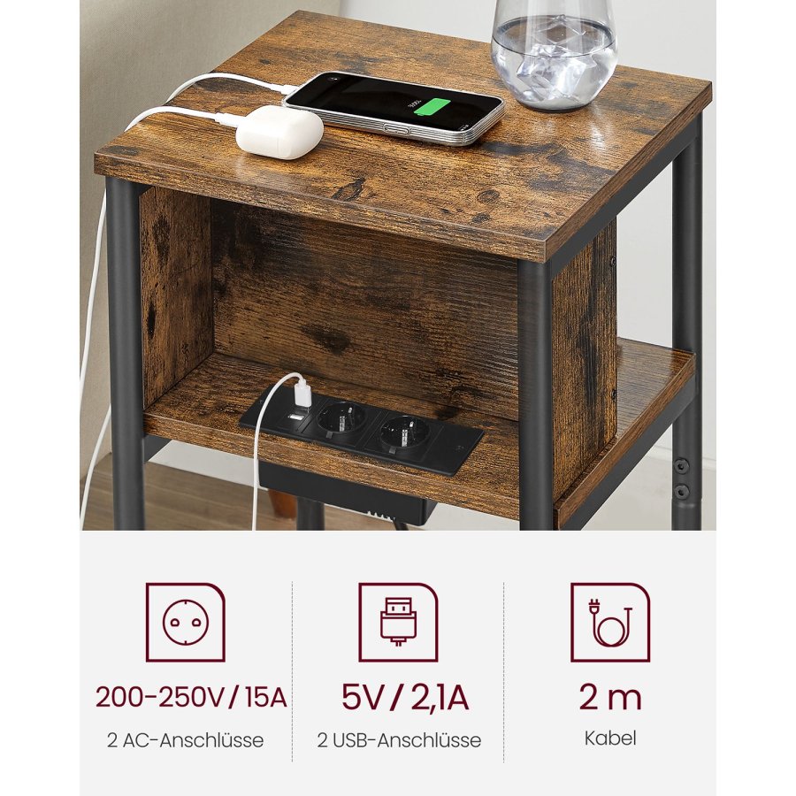 VASAGLE LET375B01 Nachttisch, mit schmaler Steckdose, 2 AC-Anschl&uuml;ssen, 2 USB-Anschl&uuml;ssen, 1 Ablage - Vintage-braune Spanplatte und schwarzer Stahl (34x30)