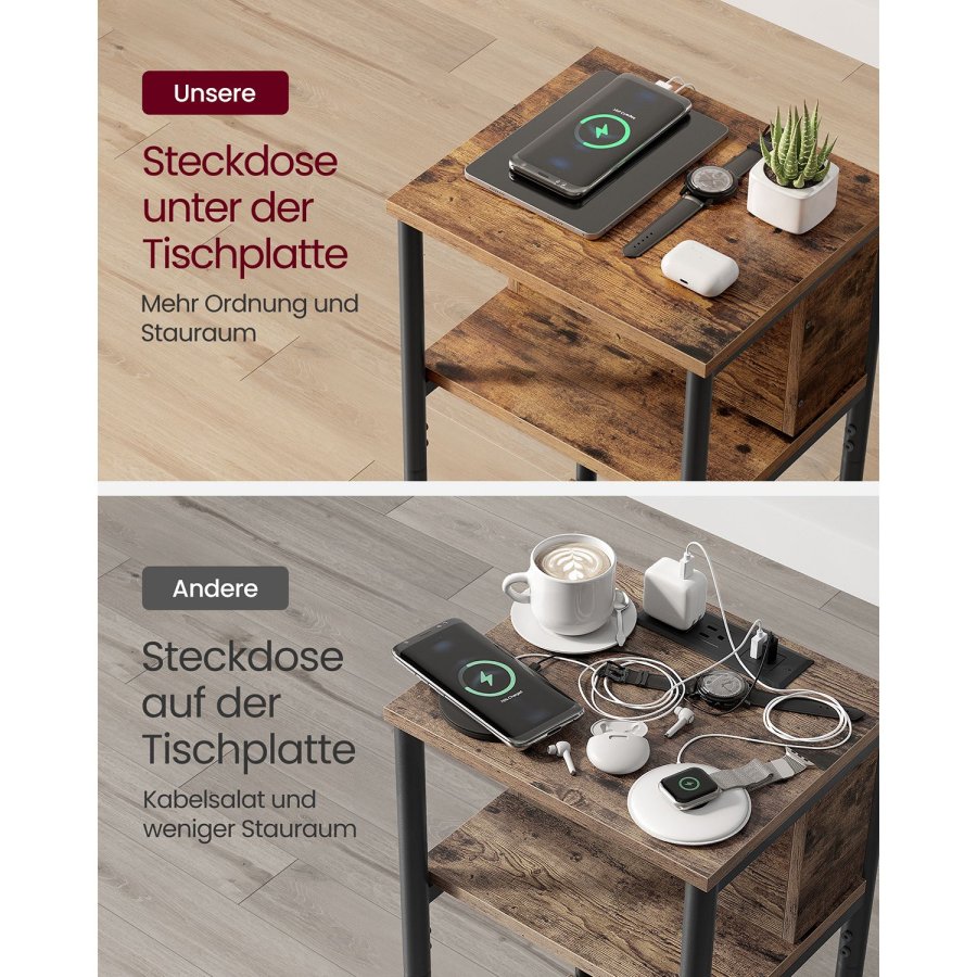 VASAGLE LET375B01 Nachttisch, mit schmaler Steckdose, 2 AC-Anschl&uuml;ssen, 2 USB-Anschl&uuml;ssen, 1 Ablage - Vintage-braune Spanplatte und schwarzer Stahl (34x30)