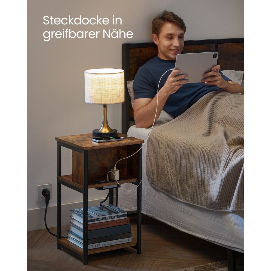 VASAGLE LET375B01 Nachttisch, mit schmaler Steckdose, 2 AC-Anschl&uuml;ssen, 2 USB-Anschl&uuml;ssen, 1 Ablage - Vintage-braune Spanplatte und schwarzer Stahl (34x30)