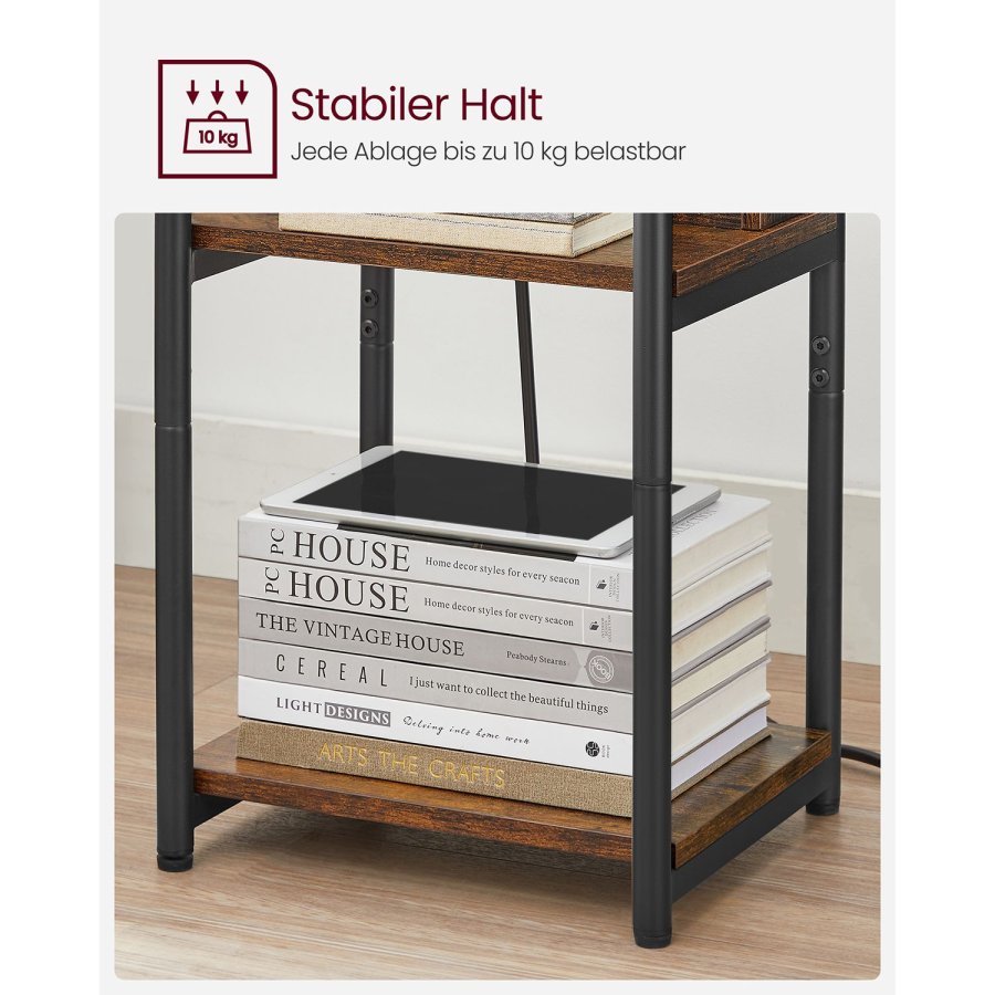 VASAGLE LET375B01 Nachttisch, mit schmaler Steckdose, 2 AC-Anschl&uuml;ssen, 2 USB-Anschl&uuml;ssen, 1 Ablage - Vintage-braune Spanplatte und schwarzer Stahl (34x30)