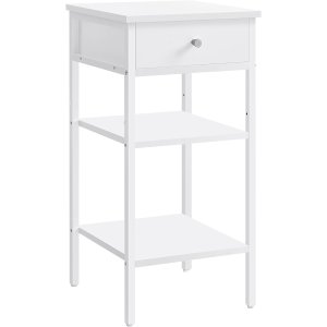 VASAGLE nattduksbord, sidobord, högt nattduksbord med lda och 2 förvaringshyllor, platsbesparande, industriellt accentbord, rustikt vitt LET502B14