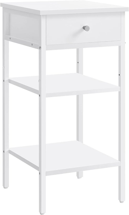 VASAGLE sengebord, m. 2 hylder og 1 skuffe - hvid spnplade og hvid stl (35x35)