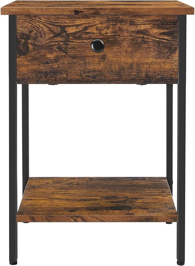 VASAGLE sidebord, m. 1 hylle og 1 skuff - brun sponplate og svart jern (39,87x39,87)