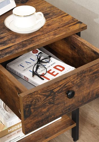 VASAGLE sidebord, m. 1 hylle og 1 skuff - brun sponplate og svart jern (39,87x39,87)