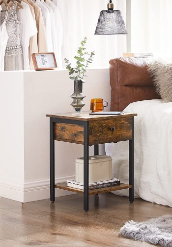 VASAGLE sidebord, m. 1 hylle og 1 skuff - brun sponplate og svart jern (39,87x39,87)